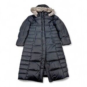 Eddie Bauer Black Long Puffer Coat with Faux Fur Trim Hood